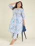 Janasya Women's Plus Size Blue Silk Blend Tie & Dye Yoke Embroidered Straight Kurta Pant Set